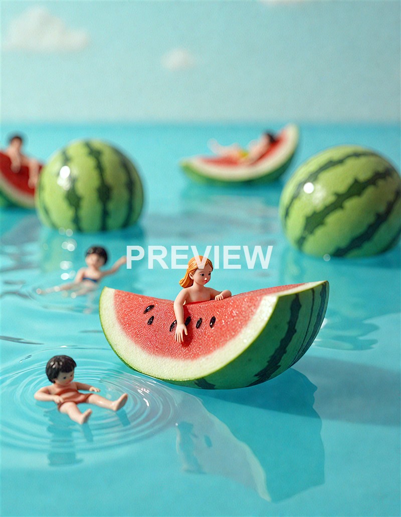 The image shows small toy figurines of children in a swimming pool, with some sitting on or near slices and whole watermelons floating in the water, creating a playful summer scene.